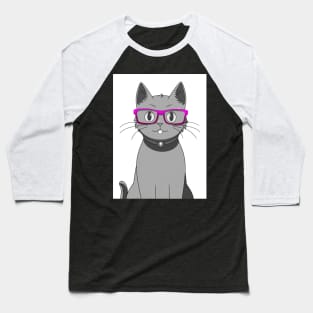 Cute Grey Cat with Nerdy Pink Glasses - Anime Wallpaper Baseball T-Shirt